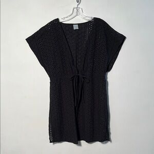 SONA SOL 100% Cotton Drawstring Wide SLV Open Lace Black Beach Cover Up SZ S/M